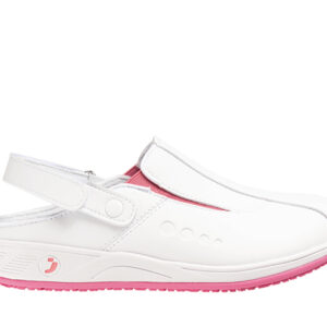 Pantofi Safety Jogger CARINNE — vedere laterală, alb și roz.