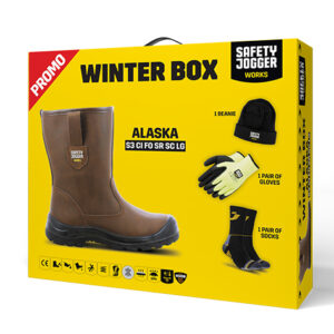 Ambalaj Safety Jogger WINTERBOX ALASKA — cu produsele ilustrate pe cutie, maro.