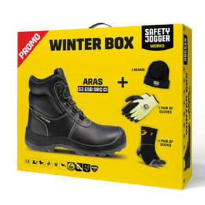 Ambalaj Safety Jogger WINTERBOX ARAS — cu produsele ilustrate pe cutie, negru.