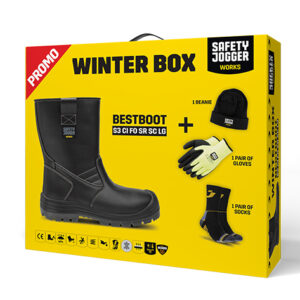 Ambalaj Safety Jogger WINTERBOX BESTBOOT — cu produsele ilustrate pe cutie, negru.