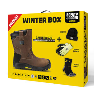 Ambalaj Safety Jogger WINTERBOX CALDERA — cu produsele ilustrate pe cutie, maro.