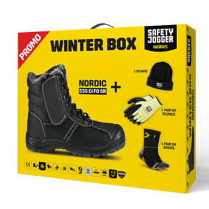Ambalaj Safety Jogger WINTERBOX NORDIC — cu produsele ilustrate pe cutie.