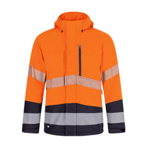 Jachetă softshell cu vizibilitate ridicată Safety Jogger SCUTI SSHELL JKT M — vedere din față, portocaliu și negru.