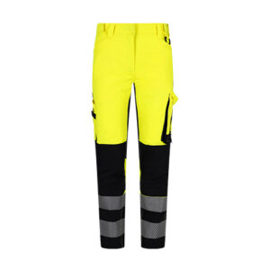Pantaloni de lucru pentru femei, cu vizibilitate ridicată Safety Jogger SCUTI HV TROUSERS W — vedere din față, galben și negru.