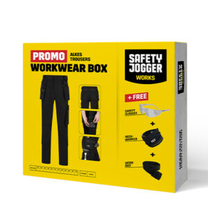Ambalaj Safety Jogger WORKWEAR BOX ALKES — cu produsele ilustrate pe cutie, negru.