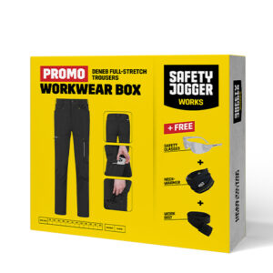 Ambalaj Safety Jogger WORKWEAR BOX DFS — cu produsele ilustrate pe cutie, negru.