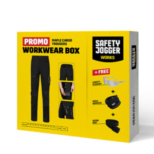 Ambalaj Safety Jogger WORKWEAR BOX MAPLE — cu produsele ilustrate pe cutie, negru.
