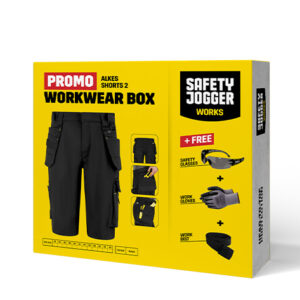 Ambalaj Safety Jogger WORKWEAR BOX ALKES S — cu produsele ilustrate pe cutie, negru.