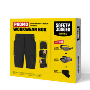 Ambalaj Safety Jogger WORKWEAR BOX DFS SH — cu produsele ilustrate pe cutie, negru.