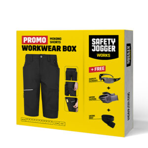 Ambalaj Safety Jogger WORKWEAR BOX MEKONG — cu produsele ilustrate pe cutie, negru.